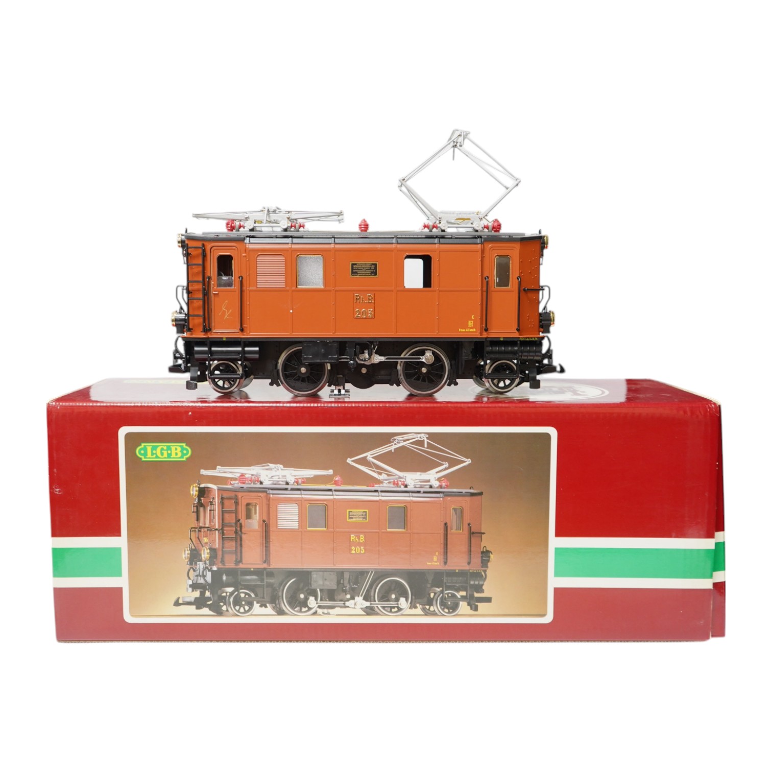 A boxed Lehman LGB (2045) G scale railway RhB electric pantograph locomotive, 205, in brown livery. Condition - good, evidence of very minor running wear only.